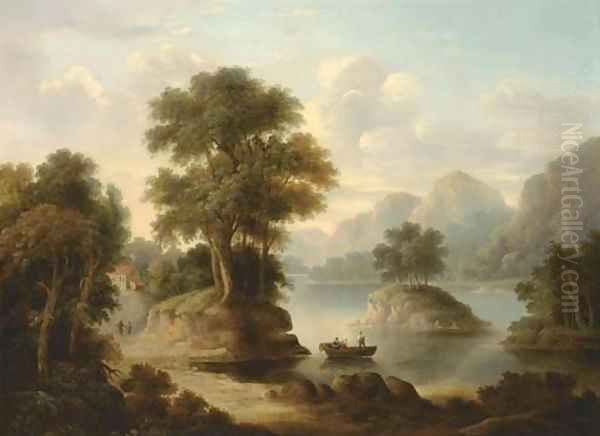 A wooded river landscape with figures in a boat Oil Painting by Alexander Nasmyth