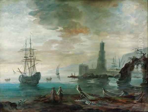 Figures at the waters edge and a sailing vessel at anchor with a castle beyond Oil Painting by Alexandre-Jean Noel