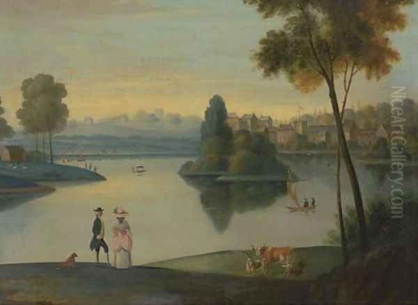 Elegant figures by a boating lake Oil Painting by Balthasar Nebot