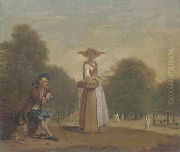 A lady selling peaches in a formal garden with an old man seated, elegant figures beyond Oil Painting by Balthasar Nebot