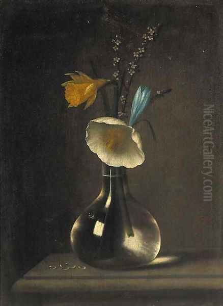 A daffodil, anenomie, crocus and blossom in a glass vase on a ledge Oil Painting by Minheer Van Der Nigglefrigg