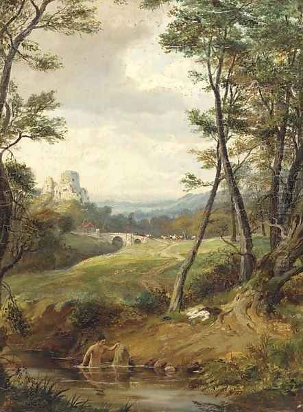 A bather in a wooded landscape, a castle beyond Oil Painting by Patrick Nasmyth