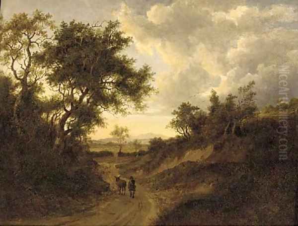 A drover on a wooded track in an extensive landscape Oil Painting by Patrick Nasmyth