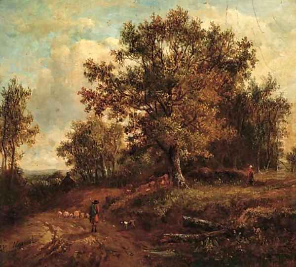 A shepherd and his dog herding sheep along a country track Oil Painting by Patrick Nasmyth