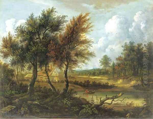 Figure in a rowing boat before a cottage in a wooded landscape Oil Painting by Patrick Nasmyth