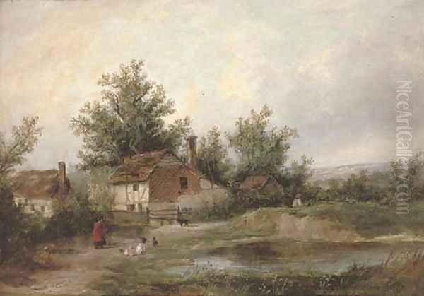 Figures and country cottages beside a pool Oil Painting by Patrick Nasmyth