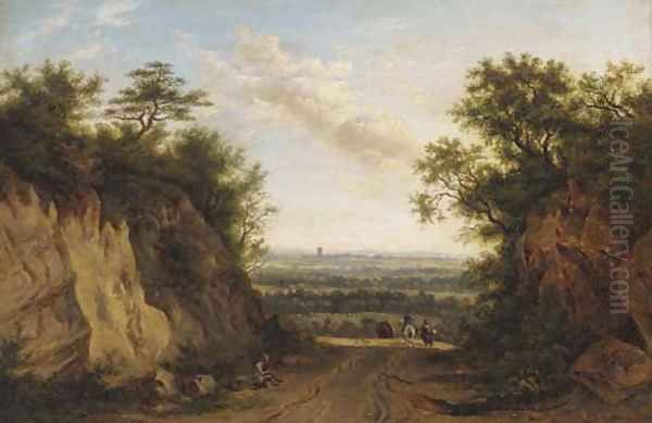 Figures on a path in an extensive landscape Oil Painting by Patrick Nasmyth