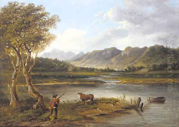 A drover and a cow in a mountainous river landscape Oil Painting by Patrick Nasmyth