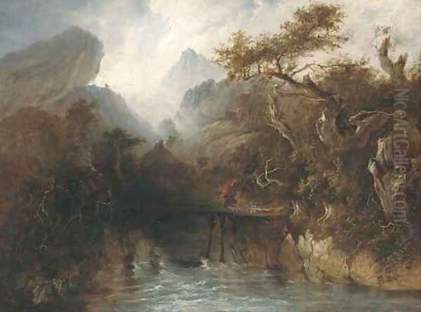 A figure crossing a gorge with an approaching storm beyond Oil Painting by Patrick Nasmyth