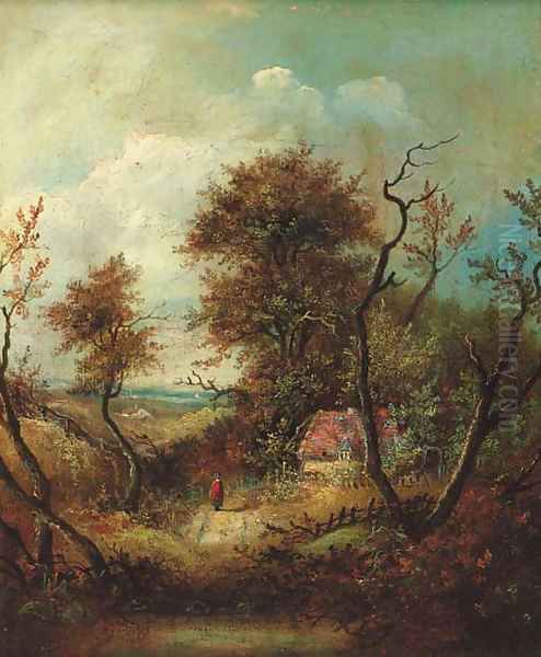 A figure on a wooded track, a cottage beyond Oil Painting by Patrick Nasmyth