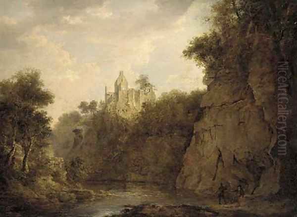 Anglers on the bank of a river gorge, Rosslyn castle beyond Oil Painting by Patrick Nasmyth