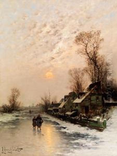 Winterabend Am Niederrhein Oil Painting by Johann Jungblutt