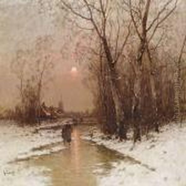 Sunset On A Winter Day Oil Painting by Johann Jungblutt