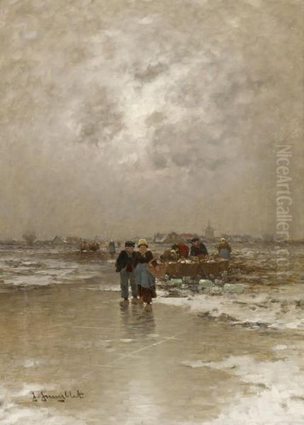 Winterlicher Fischmarkt Oil Painting by Johann Jungblutt