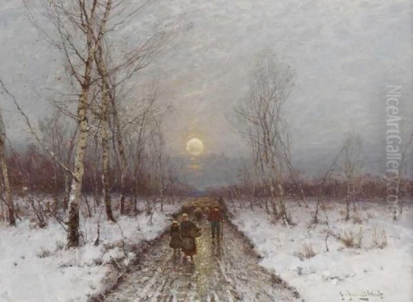 Heimkehrende Bauern In Abendlicher Winterlandschaft Oil Painting by Johann Jungblutt