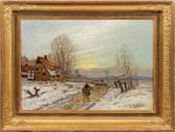 Niederrheinischewinterlandschaft Mit Blick Auf Ein Dorf Oil Painting by Johann Jungblutt