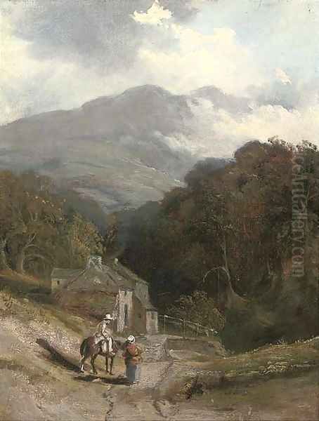 Figures before a cottage on a hillside Oil Painting by Patrick Nasmyth