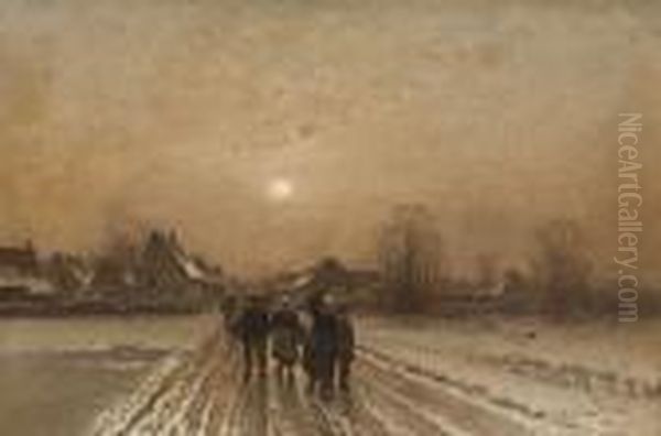 Winterlicher Dorfweg Oil Painting by Johann Jungblutt