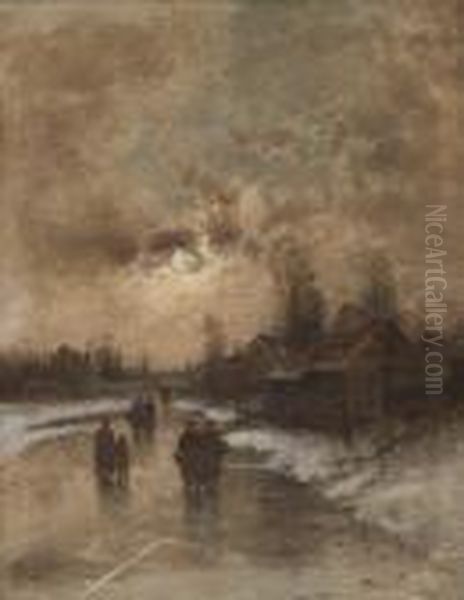 Winterliche Abendstimmung Mit Personenstaffage Oil Painting by Johann Jungblutt