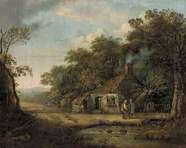 Figures by a riverside cottage Oil Painting by Patrick Nasmyth