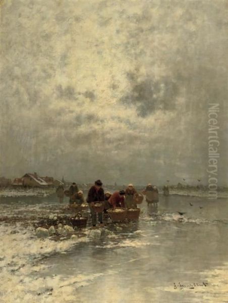 On The Ice Near A Village Oil Painting by Johann Jungblutt