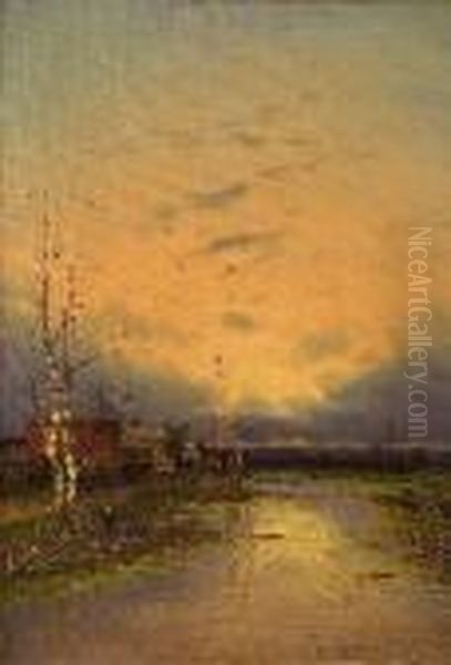 Abendliche Flusslandschaft Oil Painting by Johann Jungblutt