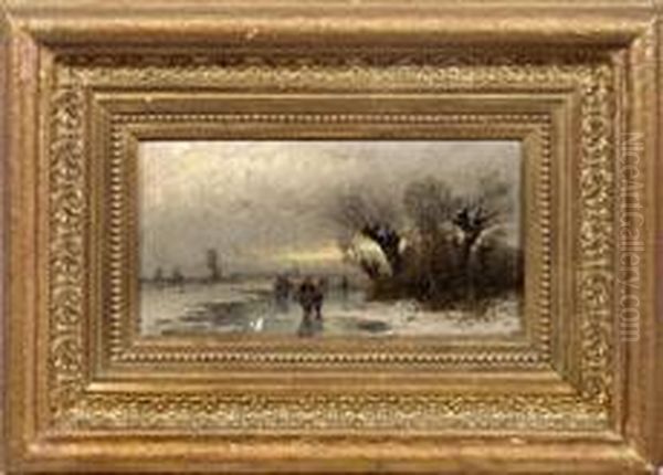 Niederrheinische Winterlandschaft Mit Eislaufern Im Abendlicht Oil Painting by Johann Jungblutt