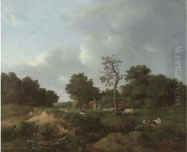 Figures on a track by a farm Oil Painting by Patrick Nasmyth