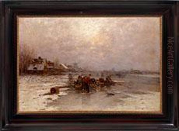 Hollandische Fluslandschaft Mit Eisfischern Im Abendlicht Oil Painting by Johann Jungblutt