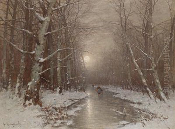 Abendliche Winterlandschaft Mit Einer Reisigsammlerin Oil Painting by Johann Jungblutt