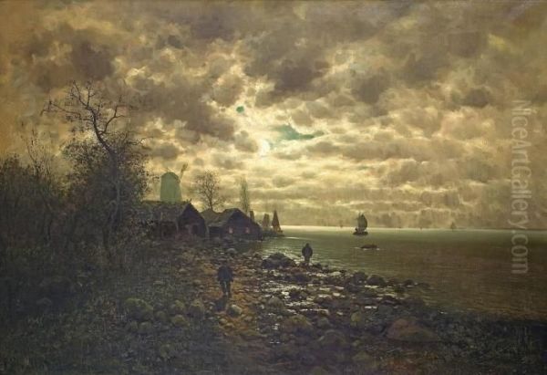 Kustenlandschaft Im Mondschein Oil Painting by Johann Jungblutt