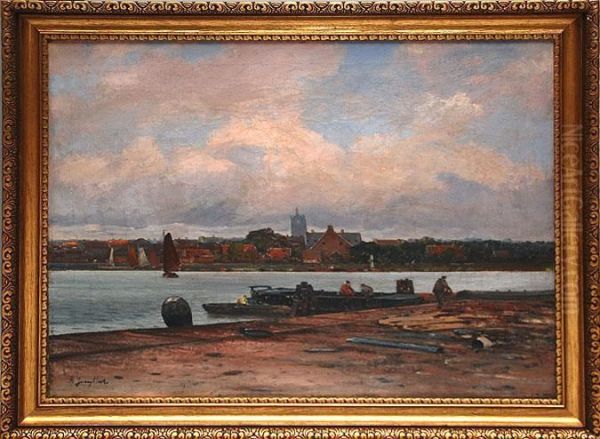 Town On A River Men Working On Dock Oil Painting by Johann Jungblutt