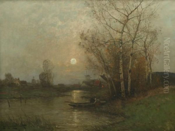 Herbstliche Niederrheinlandschaft Mit Sonnenuntergang Oil Painting by Johann Jungblutt