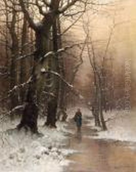 Evening Sun In Winter Oil Painting by Johann Jungblutt