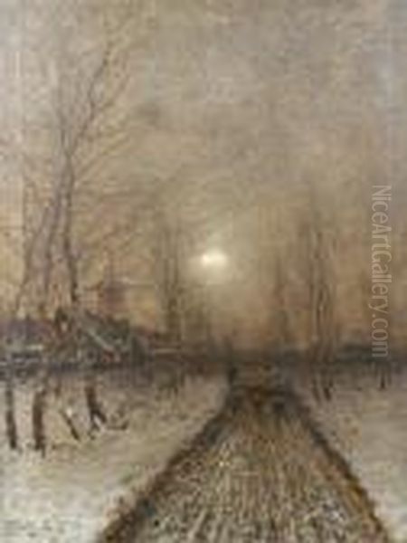 Bringing Home The Herd On A Snowy Evening Oil Painting by Johann Jungblutt