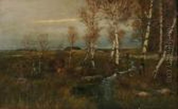 Herbstliche Landschaft Mit Bachlauf Unter Birken Oil Painting by Johann Jungblutt