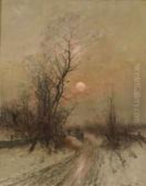 Winterabend Uber Einer Wegbiegung Mit Passanten Oil Painting by Johann Jungblutt