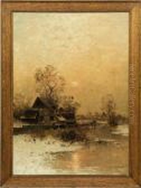 Niederrheinischewinterlandschaft Mit Dorf Und Eislaufern Imabendrot Oil Painting by Johann Jungblutt