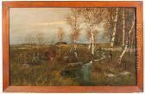 Herbstliche Landschaftmit Bachlauf Unter Birken Oil Painting by Johann Jungblutt