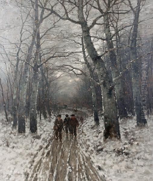 Homeward Bound On A Snowy Woodland Track Oil Painting by Johann Jungblutt