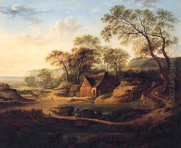 A Wooded Landscape With A Watermill, A Drover With Cattle, A Coastal Hamlet Beyond Oil Painting by Patrick Nasmyth