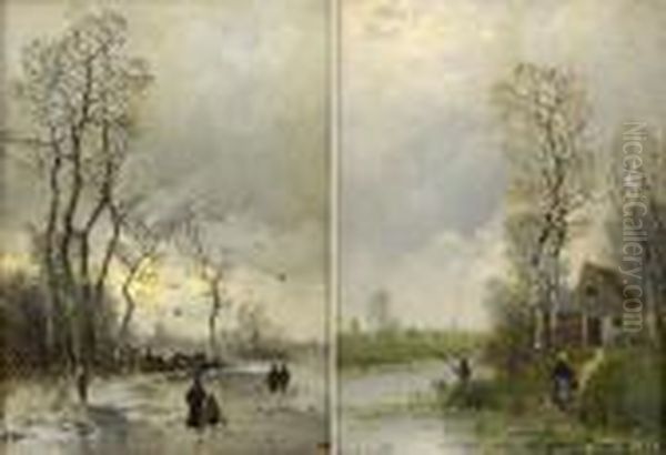 Zwei Gemalde. Winterliche Fluslandschaft. Sommerlichefluslandschaft. Oil Painting by Johann Jungblutt