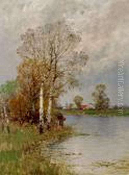 Niederrheinlandschaft Miteinem Wanderer Oil Painting by Johann Jungblutt