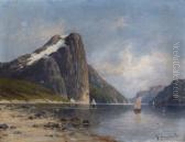 Norwegische Fjordlandschaft Mit Segelbooten Oil Painting by Johann Jungblutt