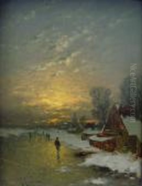 Eislaufer Bei Nacht Oil Painting by Johann Jungblutt