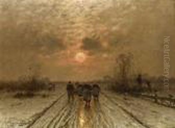 Winterlandschaft Im Abendlicht Mit Heimkehrenden Bauern. Oil Painting by Johann Jungblutt