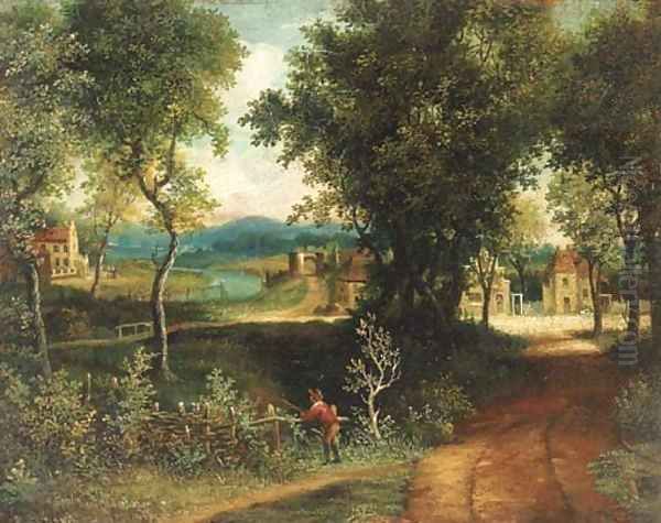 An angler in a wooded landscape with a village beyond Oil Painting by Patrick Nasmyth