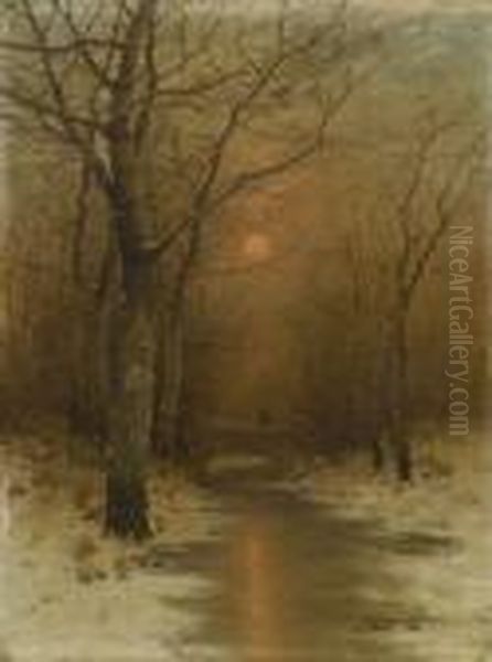 Winterlicher Bachlauf Im Abendlicht. Oil Painting by Johann Jungblutt