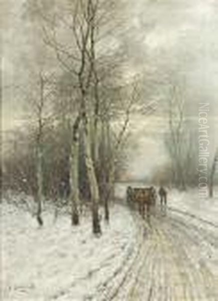 Wintry Landscape With A Horse And Cart. Oil/canvas, Signed Oil Painting by Johann Jungblutt