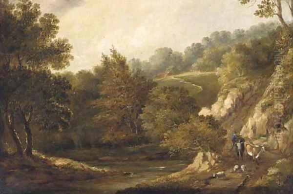 Figures before a cottage in a wooded landscape; and A drover with cattle and sheep on a wooded path Oil Painting by Patrick Nasmyth